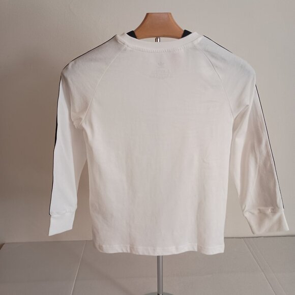 Adidas Boys White Long Sleeve T-Shirt Black Arm Stripes Size XS 7-8 years - Picture 7 of 16